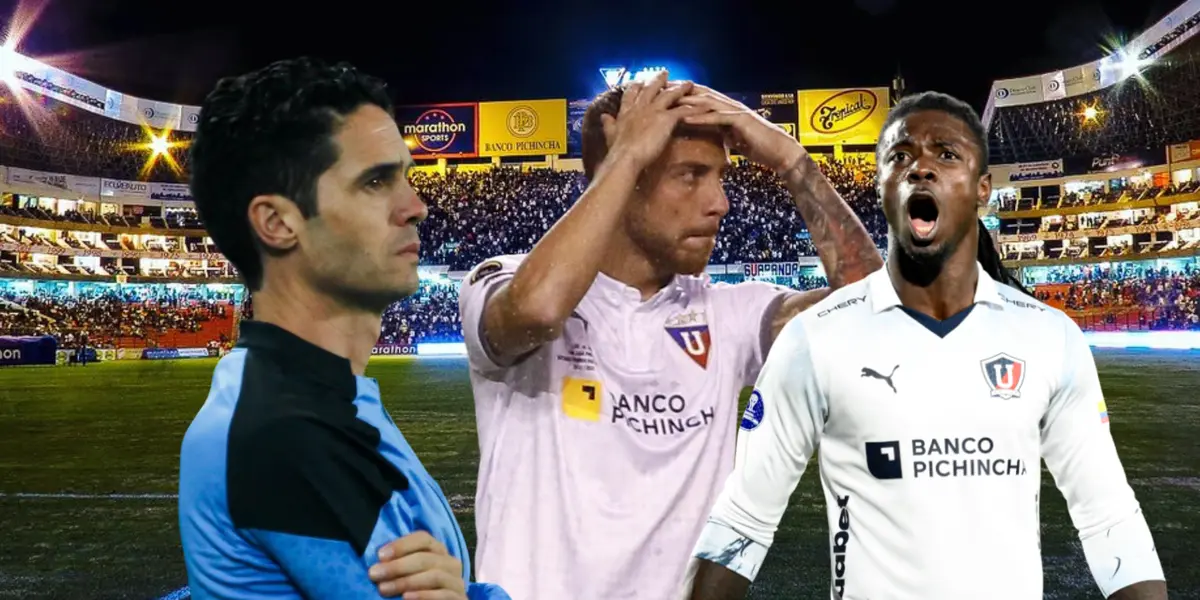 Josep Alcácer preocupado, Ezequiel Piovi con las manos en la cabeza, Ricardo Adé gritando. Foto tomada de: API/LDU
