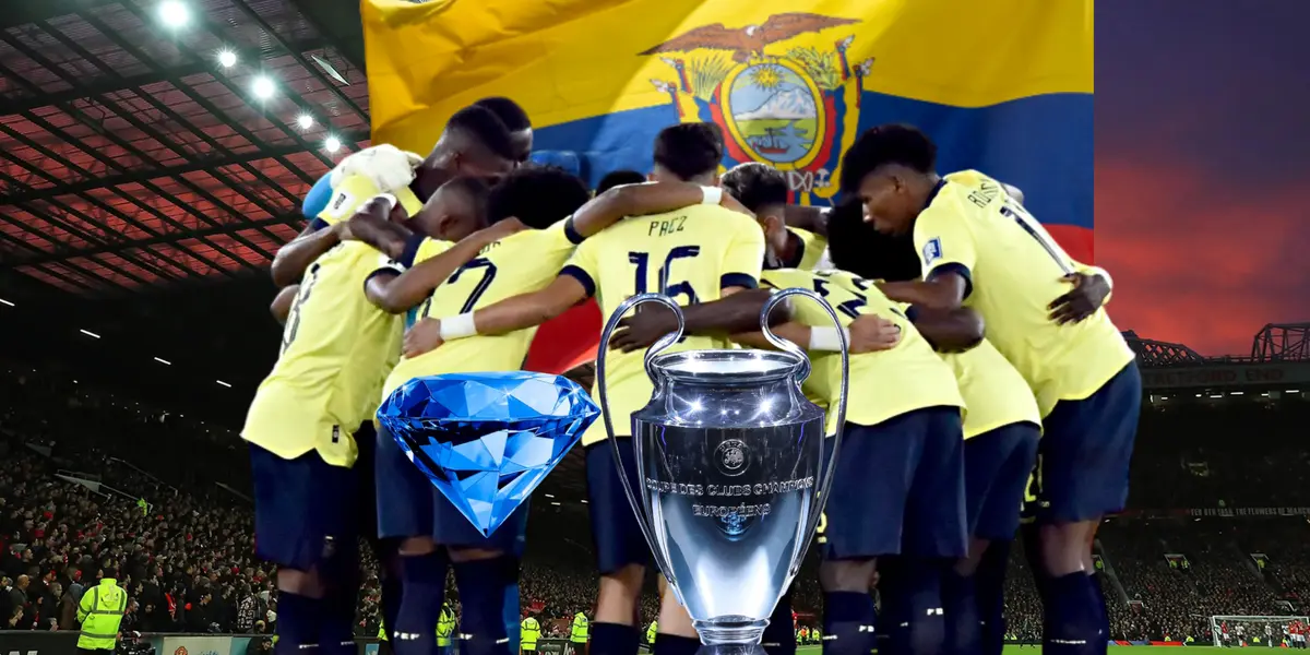 Jugadores de La Tri, bandera Ecuador, joya, trofeo de la Champions League. Foto tomada de: La Tri/UEFA/Freepick