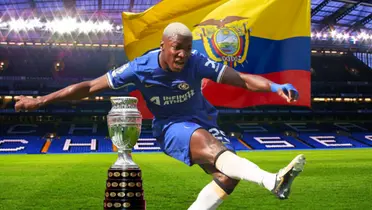 Moisés Caicedo rematando, Copa América, bandera Ecuador. Foto tomada de: Chelsea/Wikipedia