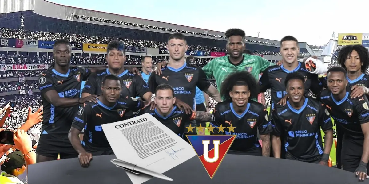 Alineación titular de Liga de Quito, escudo de LDU y contrato. Foto tomada de: Conmebol/PESLogos