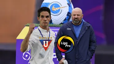 Josep Alcácer furioso, Miguel Loor enojado, escudos Liga Pro y LDU. Foto tomada de: API
