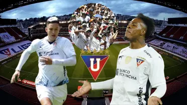 Miguel Parrales corriendo, Jhojan Julio reclamando, escudo e hinchas de Liga de Quito. Foto tomada de: API/LDU