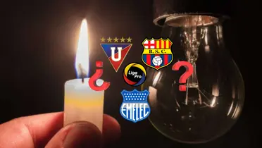 Vela y foco con signos de interrogación con los escudos de Liga de Quito, Barcelona SC y Emelec. Foto tomada de: El Telégrafo/Pes Logos