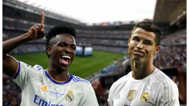 Vinicius Júnior com a camisa do Real Madrid e Cristiano Ronaldo com a camisa do Real Madrid