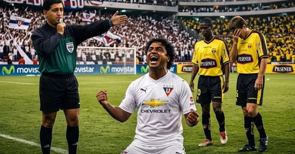 Byron Moreno pitando el gol, Franklin Salas celebrando y Barcelona SC derrotado