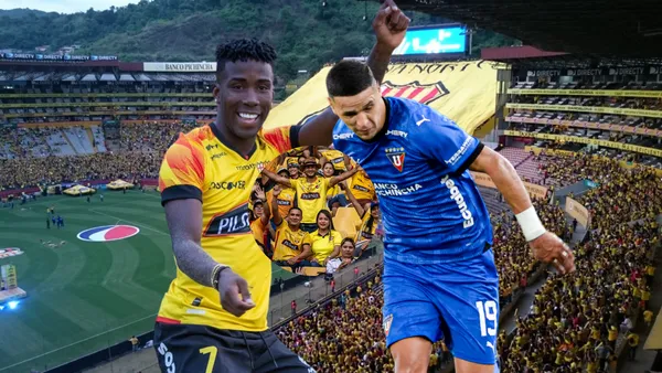 Adonis Preciado sonriendo, Alex Arce jugando. Foto tomada de: Barcelona SC/Liga de Quito