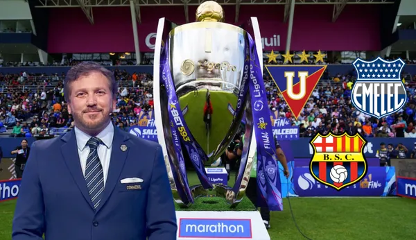 Alejandro Domínguez, presidente de CONMEBOL, al lado el trofeo de la Liga Pro. FOTO: Kandela Radio 89.3