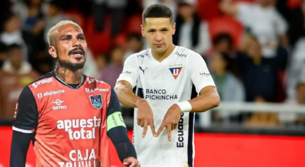 Alex Arce celebrando con la camiseta de LDU, al lado Paolo Guerrero con los colores de la UCV. FOTO: Primicias