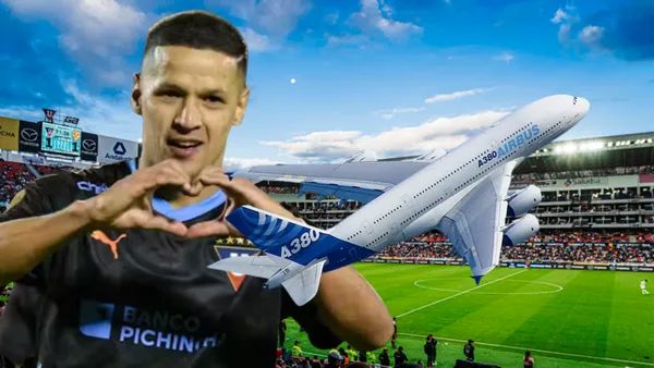 Alex Arce y un avión despegando en el Estadio Rodrigo Paz Delgado (Foto tomada de: El Comercio/API/Wikipedia)