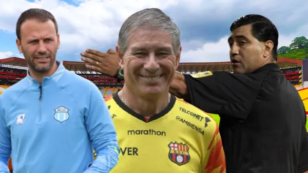 Álex Pallarés, Ariel Holan y Byron Moreno (Foto tomada de: Barcelona SC/FIFA/API/Macará)