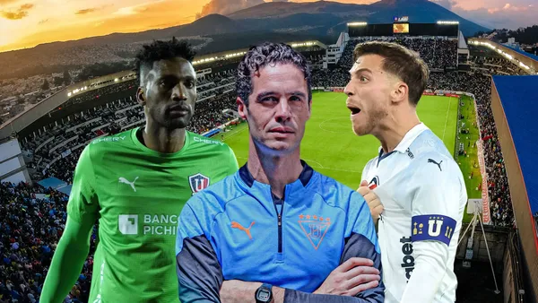 Alexander Domínguez serio, Josep Alcácer atento, Ezequiel Piovi gritando. Foto tomada de: Liga de Quito