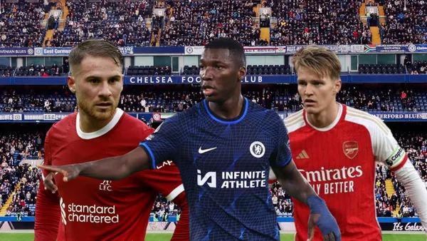 Alexis Mac Allister y Martin Odegaard sorprendidos. Moisés Caicedo jugando. Foto tomada de: Transfermarky/Live Score/Chelsea