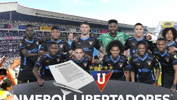Alineación titular de Liga de Quito, escudo de LDU y contrato. Foto tomada de: Conmebol/PESLogos