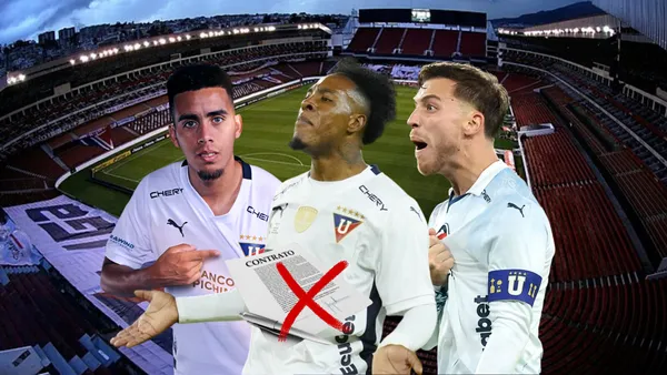 Andrés Zanini posando, Jhojan Julio reclamando, Ezequiel Piovi gritando. Foto tomada de: Liga de Quito