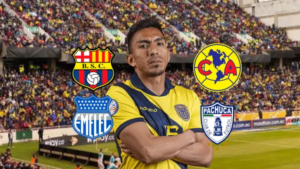 Ángel Mena, escudos BSC, Emelec, América, Pachuca. Foto tomada de: La Tri/PesLogos