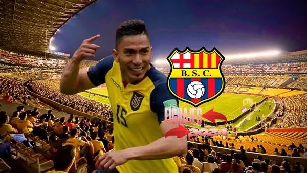 Ángel Mena festejando, escudo Barcelona SC. Foto tomada de: La Tri/PesLogos