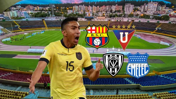 Ángel Mena gritando en el Olímpico Atahualpa, escudos de LDU, Emelec, BSC, IDV. Foto tomada de: API/Peslogos