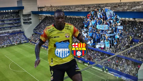 Aníbal Chalá atacando, escudos Emelec y BSC, hinchas de Emelec. Foto tomada de: API/Emelec