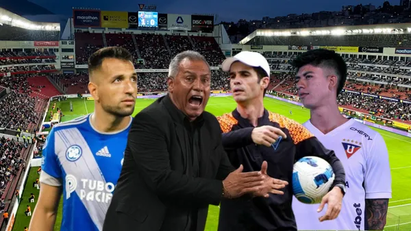 Aníbal Leguizamón, Hernán Torres gritando, Josep Alcácer dirigiendo, Gabriel Villamil. Foto tomada de: Emelec/LDU/API