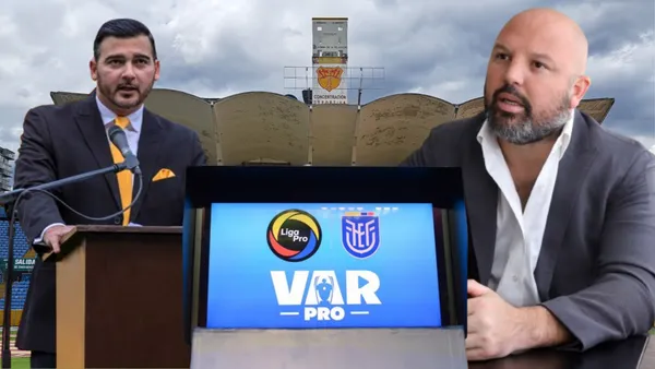 Antonio Álvarez con Miguel Ángel Loor en el Estadio Olímpico Atahualpa (Foto tomada de: Primicias/Liga Pro/El Universo)