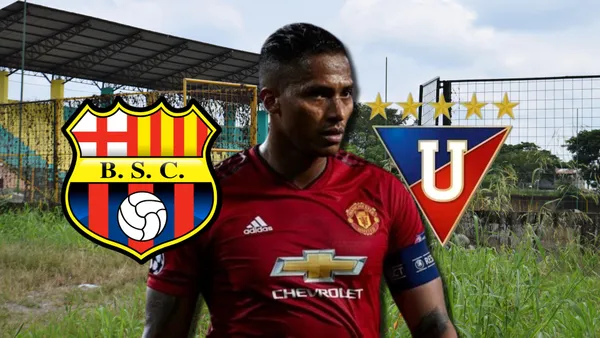 Antonio Valencia y escudos de Barcelona SC y Liga de Quito / Foto: Área Chica