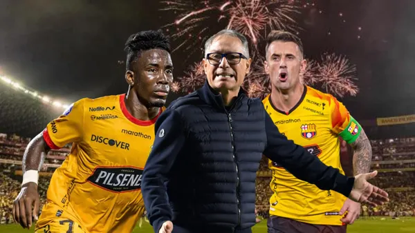 Ariel Holan dirigiendo, Adonis Preciado jugando, Damián Díaz gritando. Foto tomada de: API/Barcelona SC