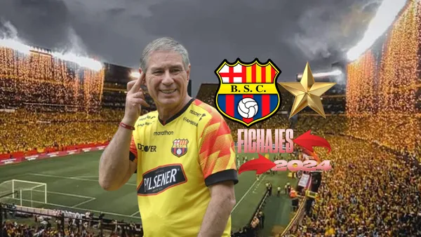 Ariel Holan dirigiendo, fichaje, escudo de BSC, estrella. Foto tomada de: Barcelona SC/PESLogos