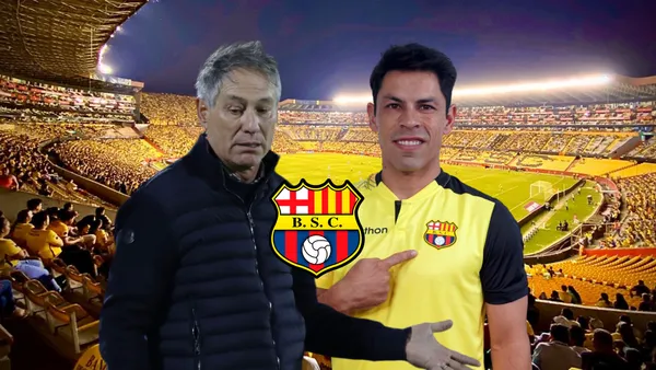 Ariel Holan dirigiendo, Matías Oyola posando, escudo de Barcelona SC. Foto tomada de: BSC/Primicias