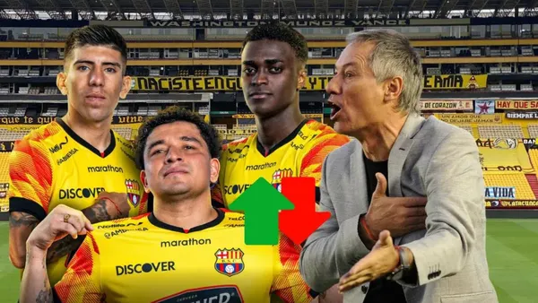 Ariel Holan enojado, Mario Pineida, Alex Rangel y Braian Oyola posando. Foto tomada de Barcelona SC