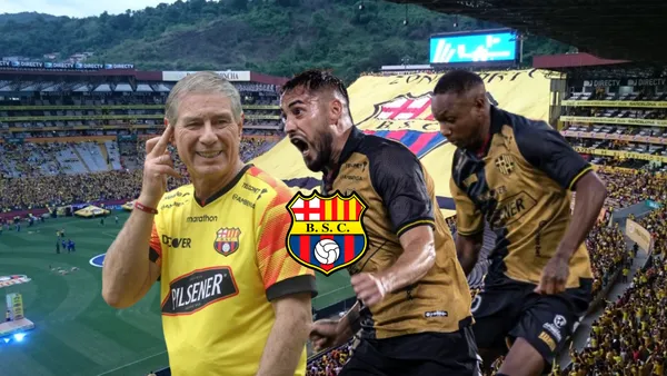 Ariel Holan, Francisco Fydriszewski gritando, Aníbal Chalá jugando. Foto tomada de: Barcelona SC