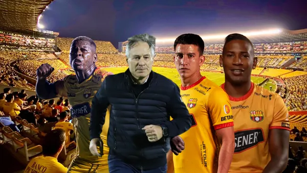 Ariel Holan, Gabriel Cortez enojado, Fernando Gaibor, William Vargas. Foto tomada de: Barcelona SC/Extra