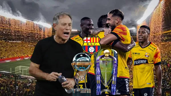 Ariel Holan gritando, jugadores de Barcelona SC festejo. Foto tomada de: Barcelona SC
