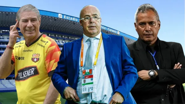 Ariel Holan, Jorge Célico Hernán Torres en el Estadio Capwell (Foto tomada de: Emelec/Andina/Barcelona SC/API)