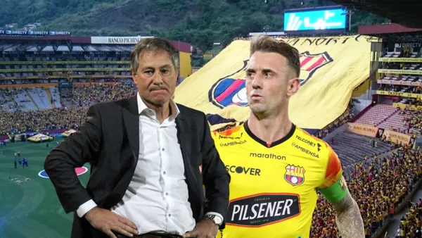 Ariel Holan molesto, Damián Díaz serio. Foto tomada de: Barcelona SC