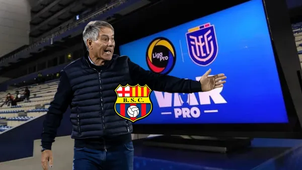 Ariel Holan molesto, VAR, escudo de Barcelona SC. Foto tomada de: BSC/API