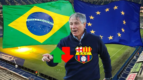 Ariel Holan señalando, bandera Brasil y Europa, escudo BSC. Foto tomada de: Barcelona SC/Billiken/Treffpunky Europa