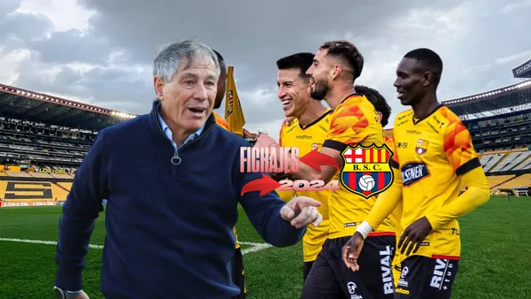 Ariel Holan señalando, jugadores Barcelona SC festejando. Foto tomada de: Barcelona SC/Diego Briones 'X'