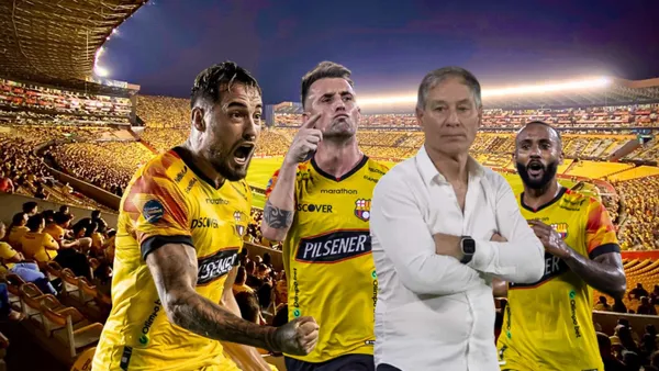 Ariel Holan serio, Damián Díaz señalando, Francisco Fydriszewski gritando. Foto tomada de: Barcelona SC