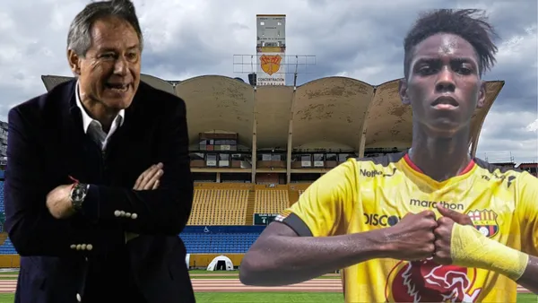 Ariel Holan y Allen Obando en el Estadio Olímpico Atahualpa (Foto tomada de: Primicias/Independiente/Barcelona SC)