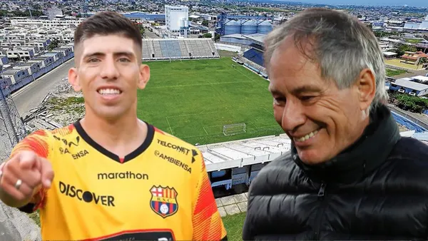 Ariel Holan y Braian Oyola en el Estadio Jocay de Manta (Foto tomada de: Manabí/TNT/Barcelona SC)
