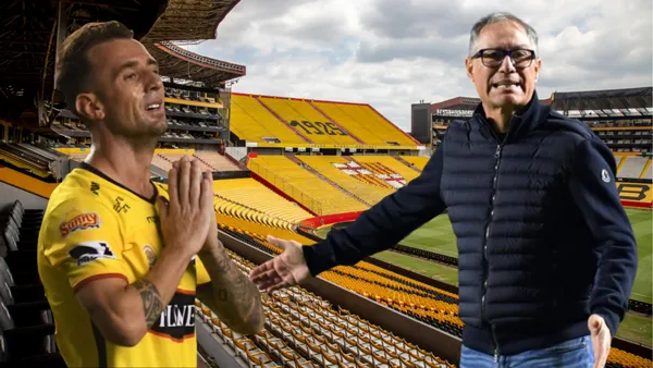 Ariel Holan y Damián Díaz en el Estadio Monumental (Foto tomada de: Primicias/AFP/API)
