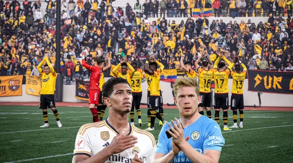 Barcelona SC festejando, al lado jugadores del Real Madrid y el Manchester City. FOTO: 'X'