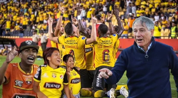 Barcelona SC festejando, al lado sus hinchas y Ariel Holan. FOTO: Primicias