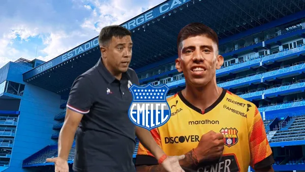 César Farías dirigiendo, escudo Emelec, Braian Oyola. Foto tomada de: Noticias Caracol