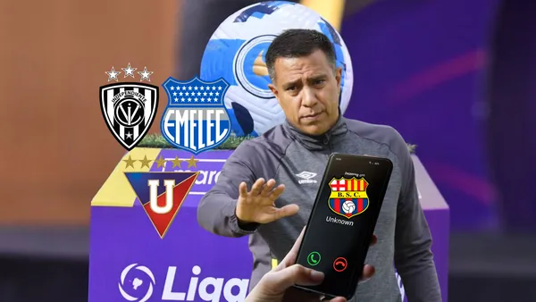 César Farías dirigiendo, escudos de IDV, LDU y Emelec, teléfono BSC. Foto tomada de: API/PESLogos