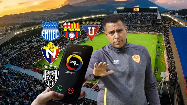 César Farías, llamada de teléfono, escudos equipos Liga Pro. Foto tomada de: API/PESLogos