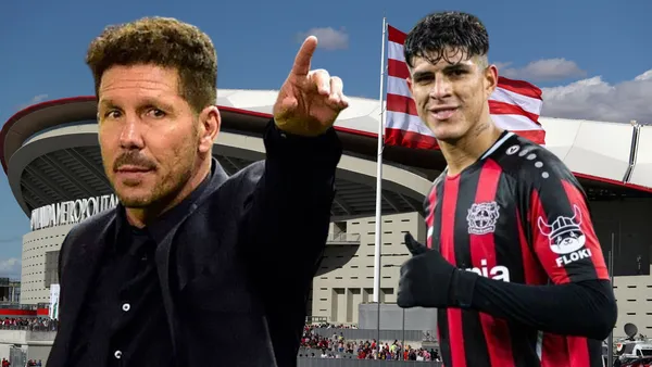 Cholo Simeone y Piero Hincapié en el Wanda Metropolitano (Foto tomada de: EFE/Bayer Leverkusen/iProfesional)