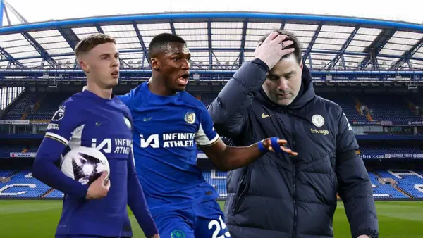 Cole Palmer preocupado, Moisés Caicedo gritando, Pochettino tomándose la cabeza. Foto tomada de: Top Mercato/El Telégrafo