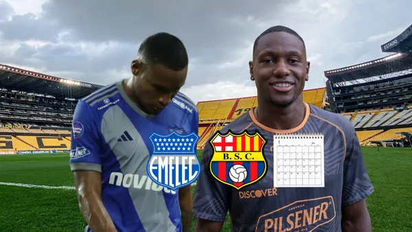 Cristian Valencia, Aníbal Chalá, escudos Barcelona SC y Emelec. Foto tomada de: Emelec/Barcelona SC