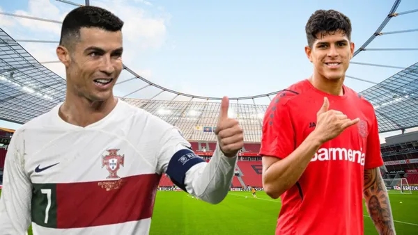 Cristiano Ronaldo con Piero Hincapié en el BayArena (Foto tomada de: Wikipedia/Noticias Caracol/Bayer Leverkusen)